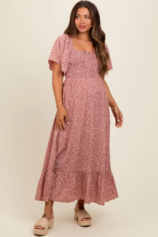 Mauve Flowy Ditsy Floral Smocked Maternity Midi Dress Birthday midi dresses