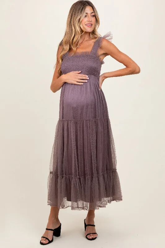 Mauve  Mesh Overlay Smocked Maternity Midi Dress Off-shoulder midi dresses