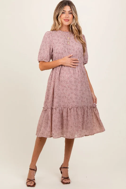 Mauve Printed Textured Maternity Midi Dress Preppy midi dresses