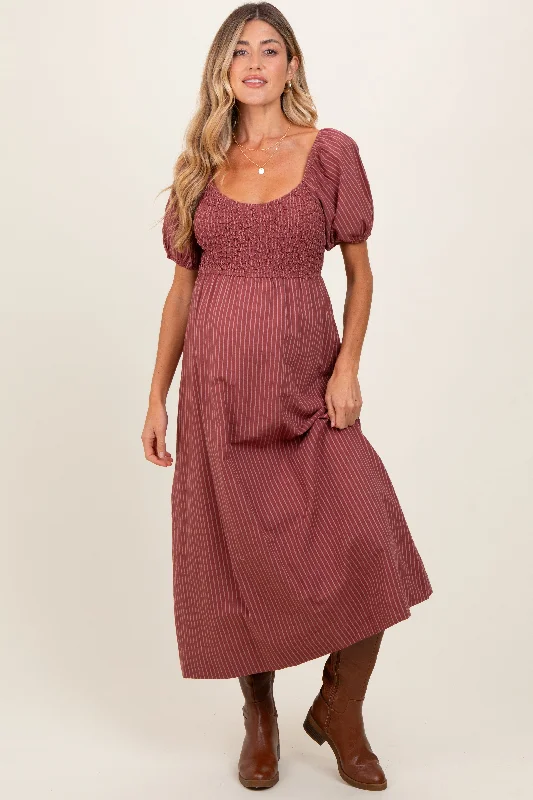 Mauve Striped Popcorn Smocked Maternity Midi Dress Date night midi dresses