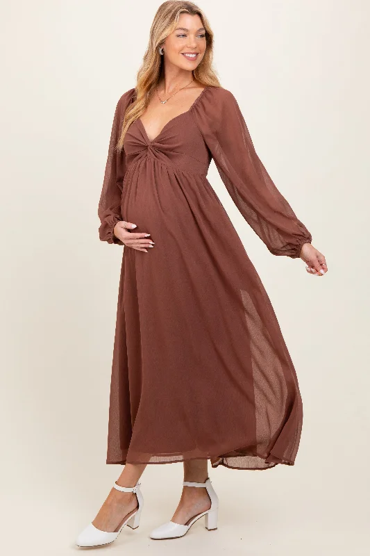 Mocha Chiffon Twisted Front Maternity Midi Dress Best midi dresses for summer vacation