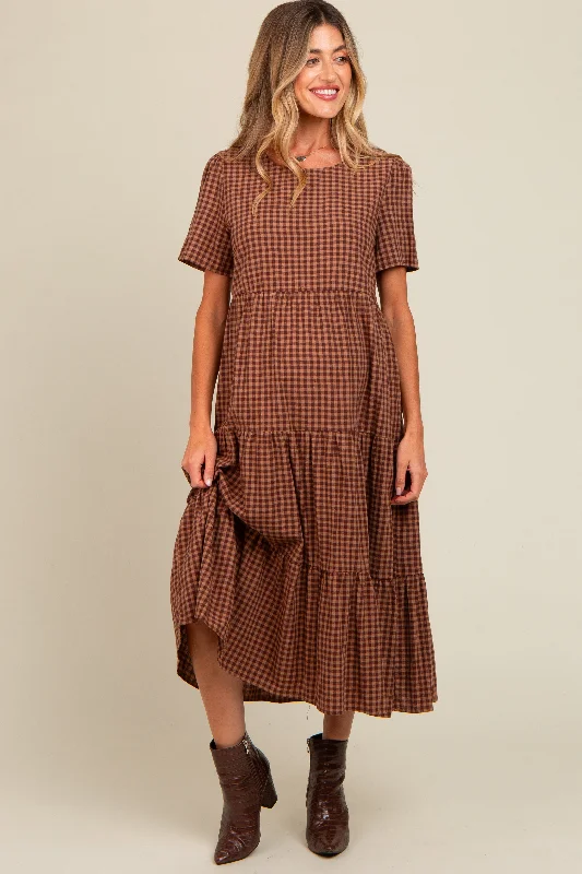 Mocha Gingham Tiered Maternity Midi Dress Ruffled midi dresses