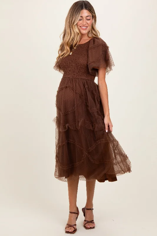 Mocha Smocked Ruffled Mesh Maternity Midi Dress Fashion-forward midi dresses