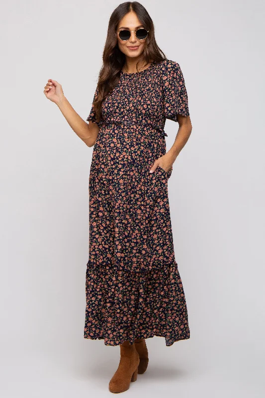 Navy Blue Floral Smocked Flutter Short Sleeve Maternity Midi Dress Must-have midi dresses for this season