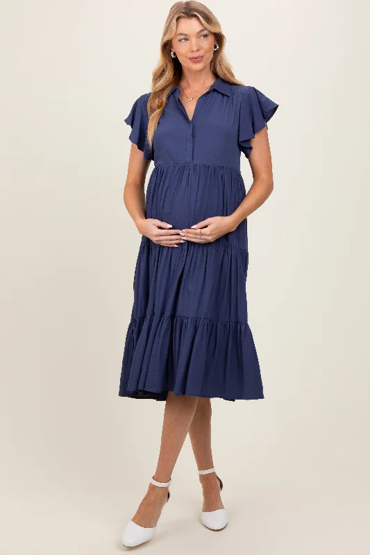 Navy Blue Ruffle Sleeve V-Neck Tiered Maternity Midi Dress Best midi dresses for tall women