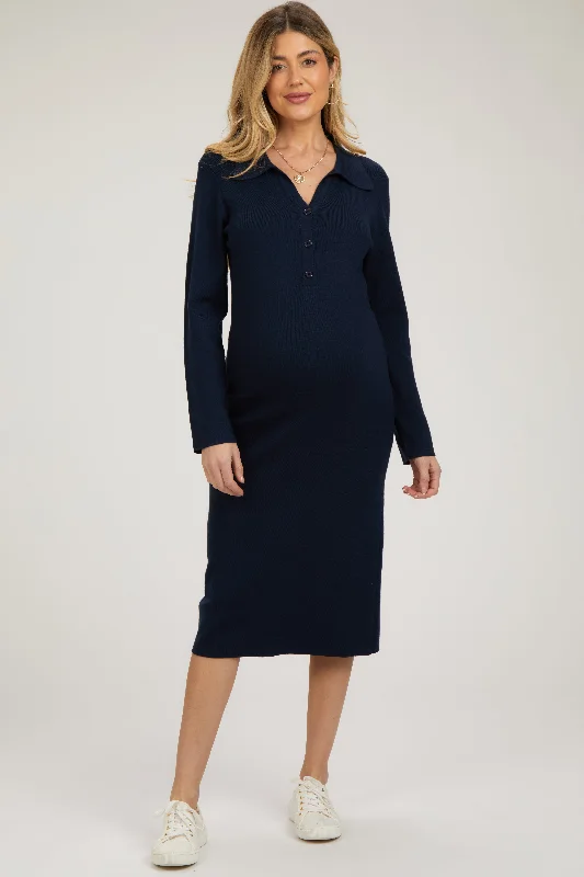 Navy Collared Long Sleeve Sweater Maternity Midi Dress Wrap midi dresses