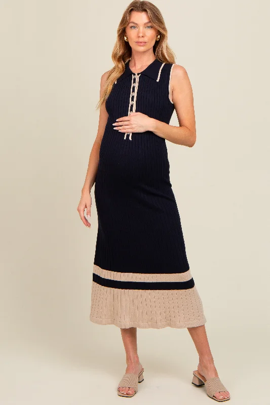 Navy Knit Button Front Contrast Border Maternity Midi Dress Elegant midi dresses