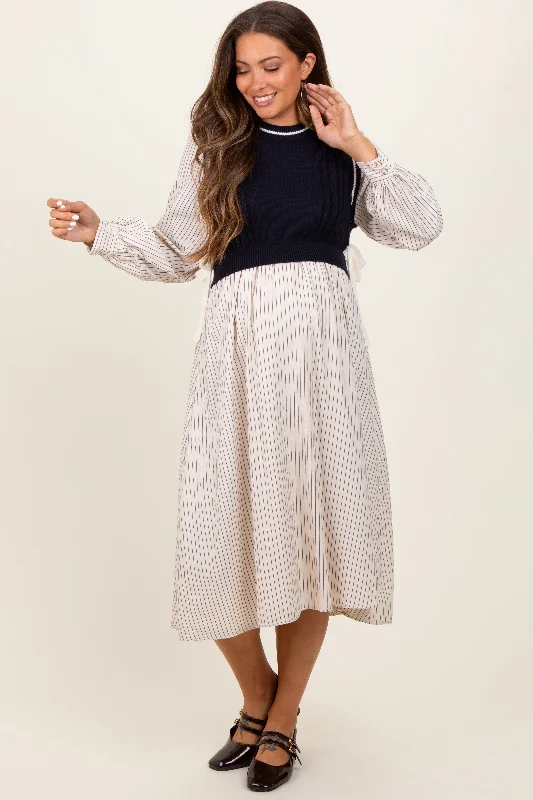 Navy Striped Contrast Sweater Knit Top Maternity Midi Dress Anniversary midi dresses