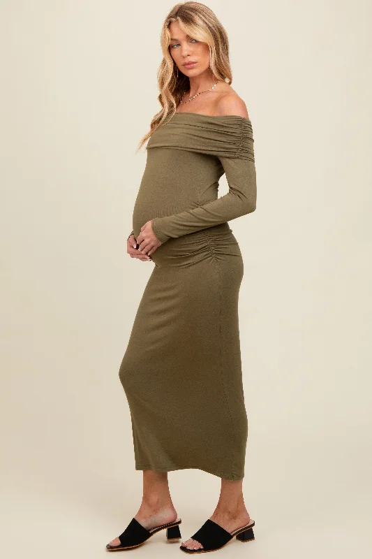 Olive Foldover Off Shoulder Long Sleeve Maternity Midi Dress Chiffon midi dresses