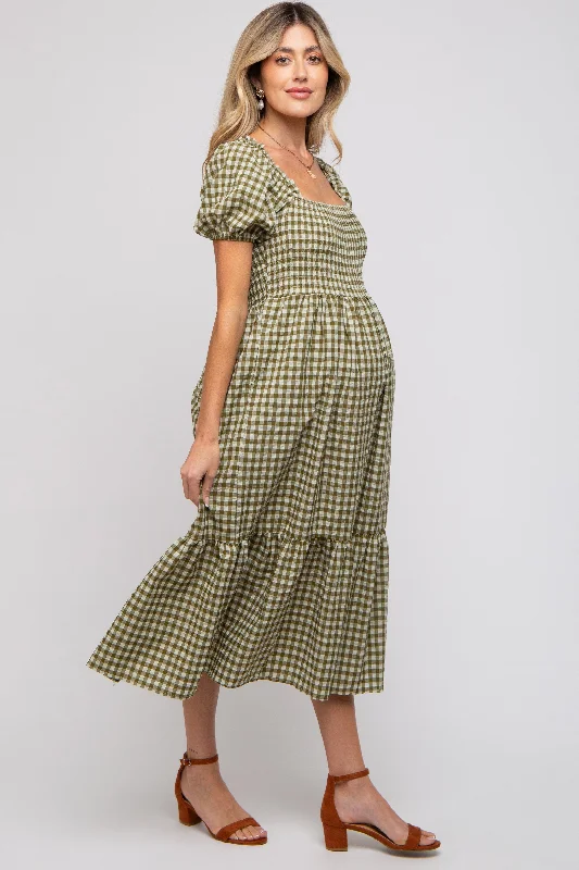 Olive Gingham Smocked Maternity Midi Dress Vacation midi dresses