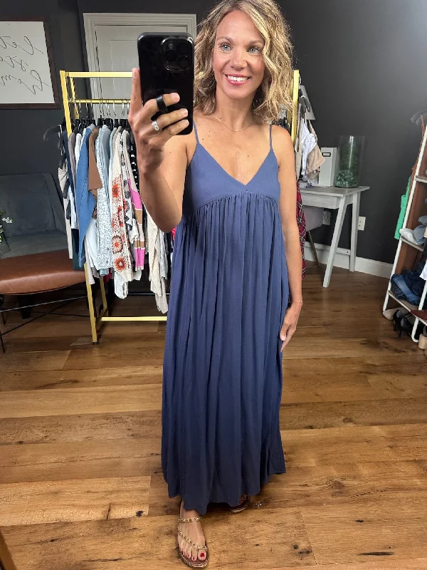 On My Own V-Neck Maxi Dress - Denim Preppy maxi dresses