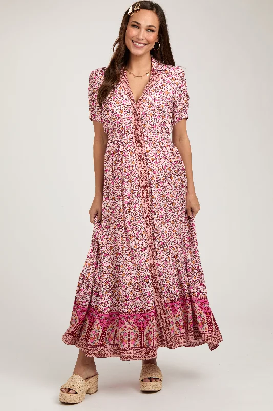 Pink Floral Button Up Maternity Midi Dress Comfortable midi dresses for everyday wear