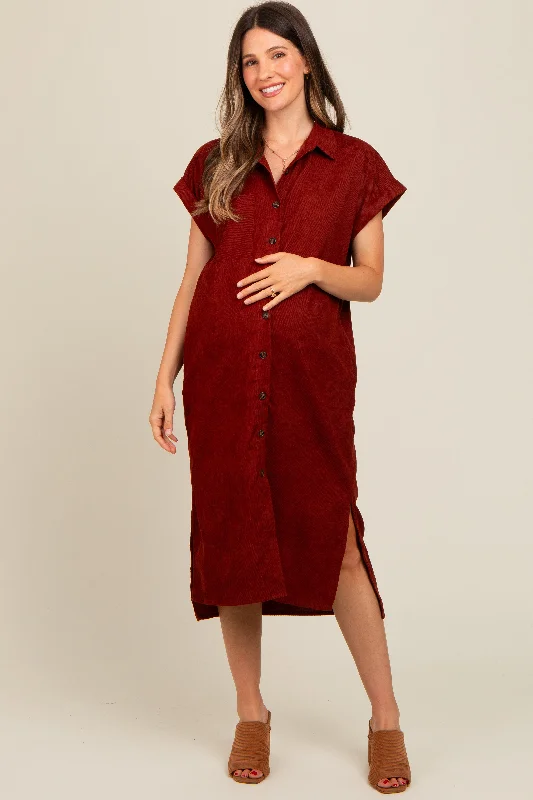 Rust Corduroy Button Down Maternity Midi Dress Chic midi dresses