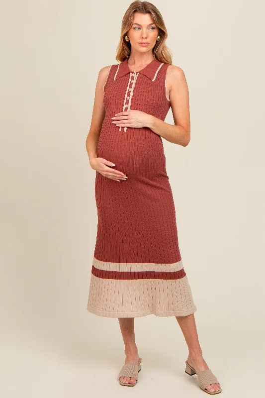 Rust Knit Button Front Contrast Border Maternity Midi Dress Versatile midi dresses for all occasions