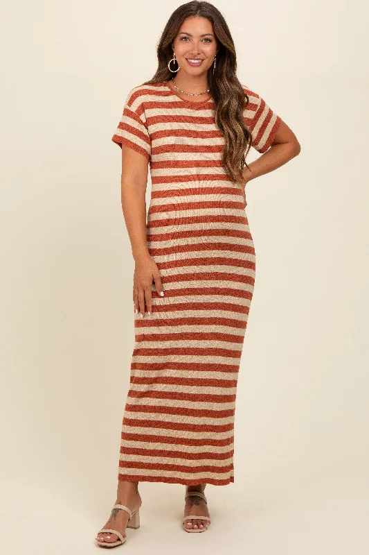 Rust Striped Knit Maternity Midi Dress Halter midi dresses