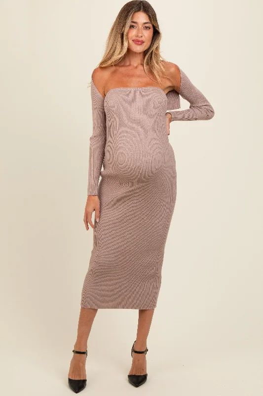 Taupe Knit Shrug Fitted Maternity Midi Dress Bodycon midi dresses