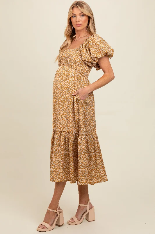 Yellow Floral Puffed Sleeve Maternity Midi Dress Summer party midi dresses