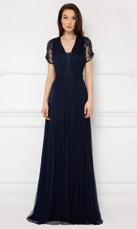 Cristallini - Sheer Short Sleeves Pleated Evening Gown SKA991 - 1 pc Navy In Size 3XL Available Forever 21 party dresses