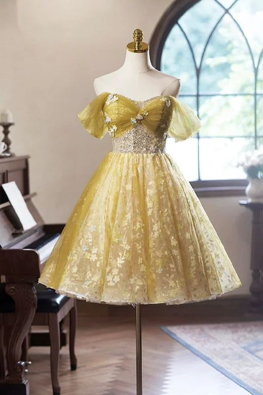 A-Line Floral Tulle Short Prom Dress, Yellow Off the Shoulder Evening Party Dress H&M floral dresses