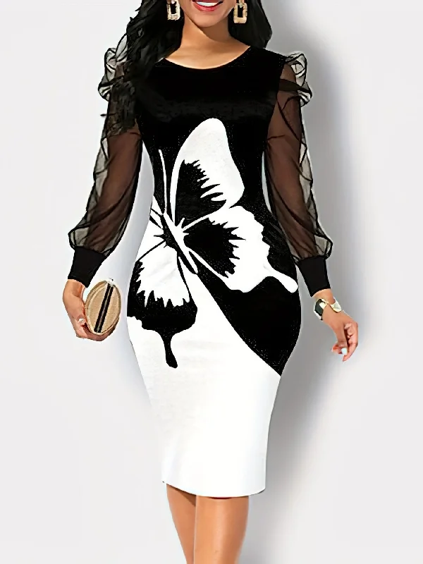 Butterfly Print Contrast Mesh Dress, Elegant Crew Neck Long Sleeve Dress Expensive floral dresses