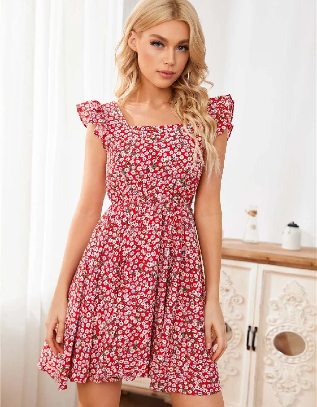 Daisy Floral Square Neck Short Sleeve Short A-Line Dresses Knitted floral dresses