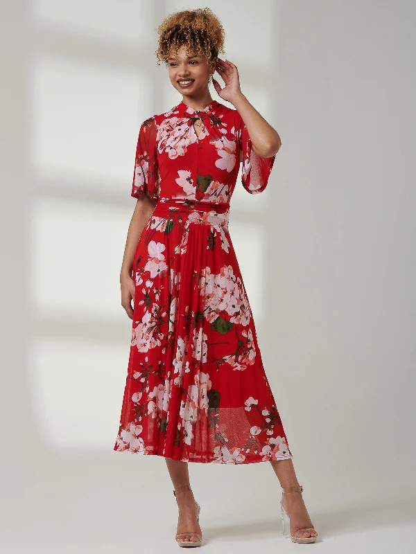 Danika Keyhole Neck Mesh Dress, Red Floral Short floral dresses