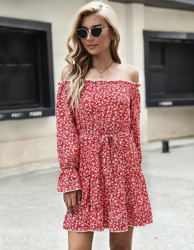 Disty Floral Long Sleeve Off The Shoulder Belted Short A-Line Dresses Long floral dresses