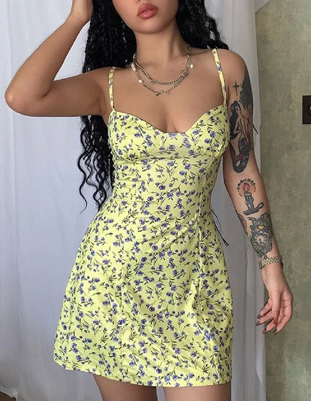 Disty Floral Strap Backless Short A-Line Dresses Summer floral dresses