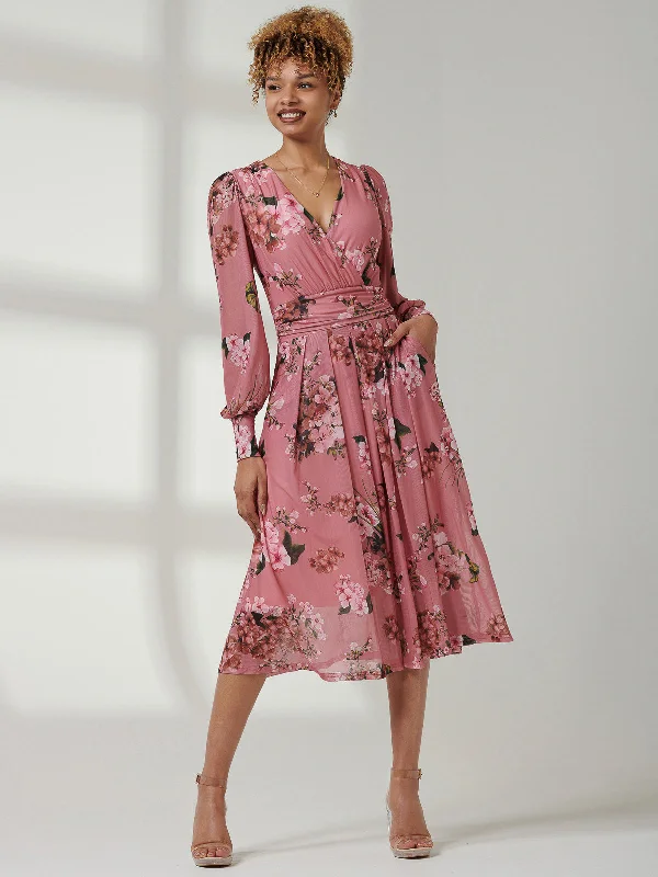 Eileen Long Sleeve Mesh Dress, Pink Floral Hot new arrivals in floral dresses