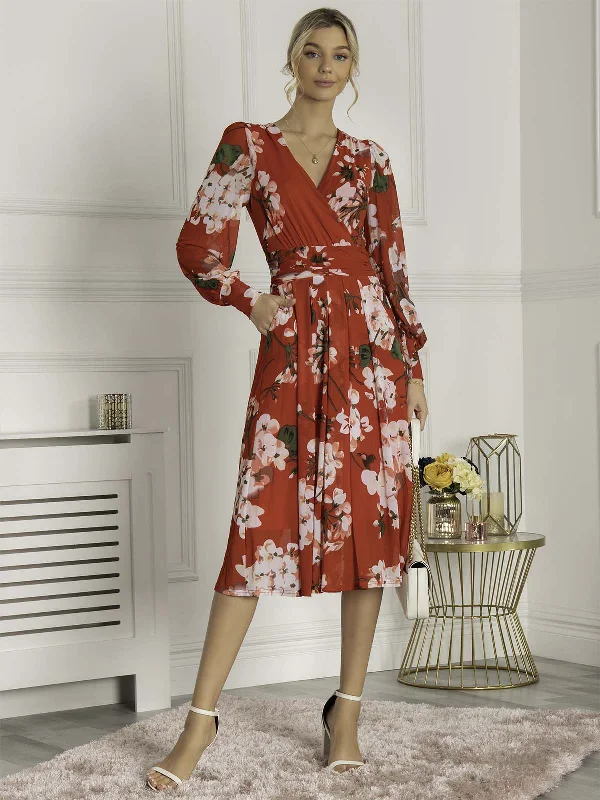 Eileen Long Sleeve Mesh Dress, Red Floral Women's floral dresses