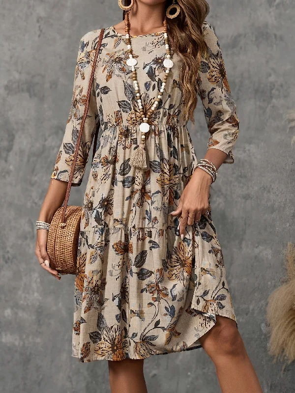 Elegant Floral Print Dress for Women - Crew Neck, 3/4 Sleeve, Polyester, Machine Washable Plus size floral dresses