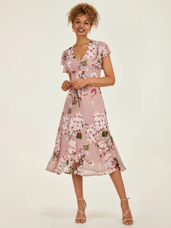 Essie Fit & Flare Mesh Dress, Pink Floral Floral dresses under $100