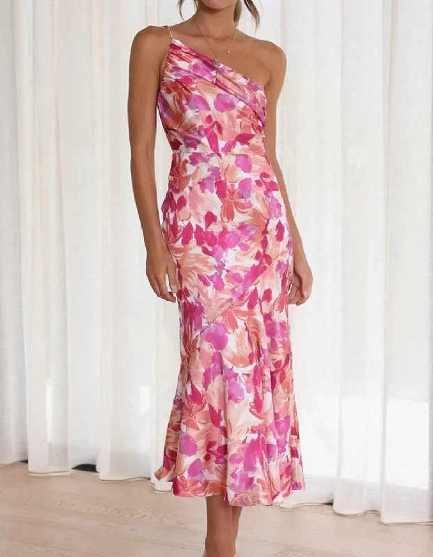 Floral Print Backless One Shoulder Strap Long A-Line Dresses New Year's Eve floral dresses