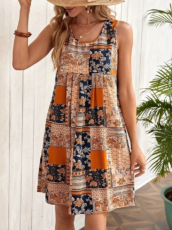 Floral Print Crew Neck Dress, Elegant Sleeveless Tank Dress Birthday floral dresses