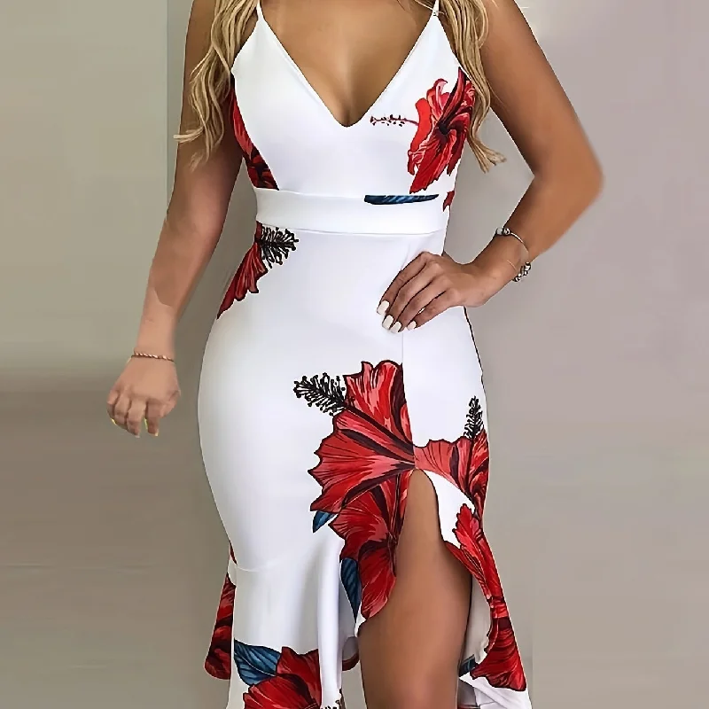 Floral Print Ruffle Hem Dress, Sexy V Neck Slit Spaghetti Strap Dress Cocktail floral dresses