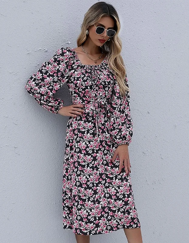 Floral Printed Square Neck Backless Long Sleeve High Waist Long A-Line Dresses Mini floral dresses