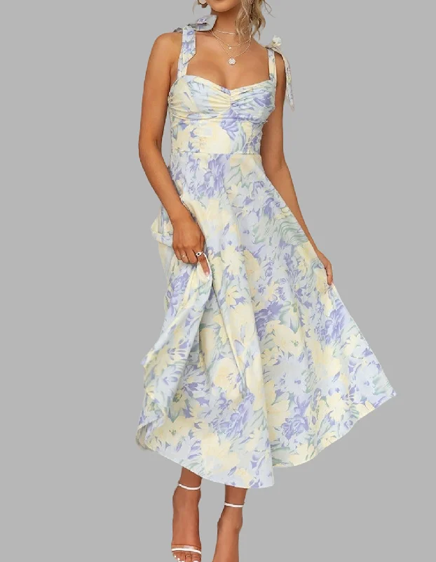 Floral Printed V-Neck Strap Mid-Length A-Line Dresses Floral dresses under $50