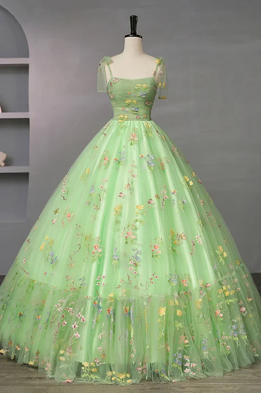 Green Floral Tulle Long Prom Dress, Beautiful A-Line Formal Evening Dress Tiered floral dresses