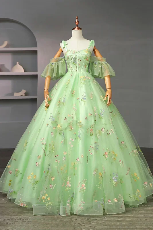 Green Floral Tulle Long Prom Dress, Beautiful Spaghetti Strap Evening Party Dress Shein floral dresses