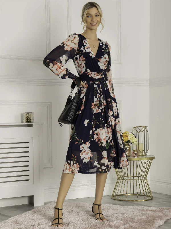 Jasmine Long Sleeve Mesh Dress, Navy Floral Petite floral dresses