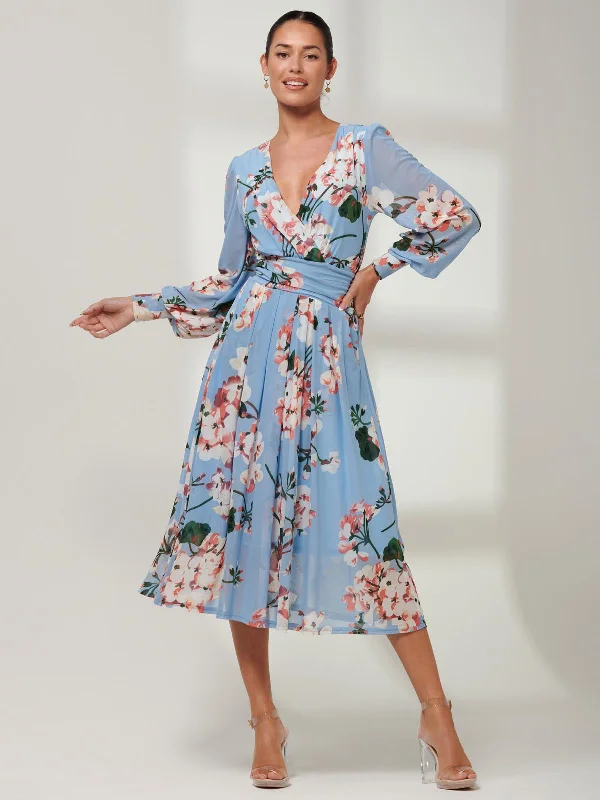 Jolie Moi Jasmine Long Sleeve Mesh Dress, Blue Floral Linen floral dresses