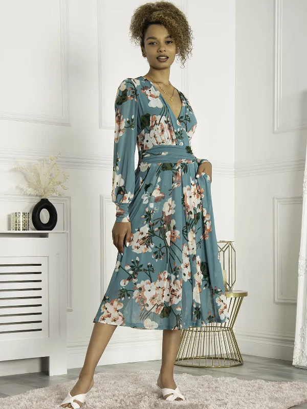 Jolie Moi Jasmine Long Sleeve Mesh Dress, Green Floral Satin floral dresses