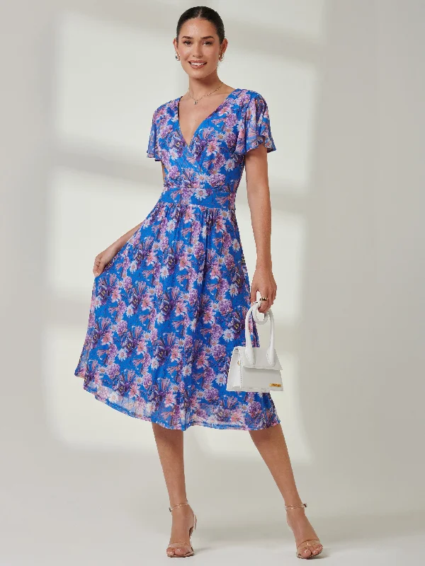 Jolie Moi Kaylynn Wrap Mesh Dress, Blue Floral Beach floral dresses