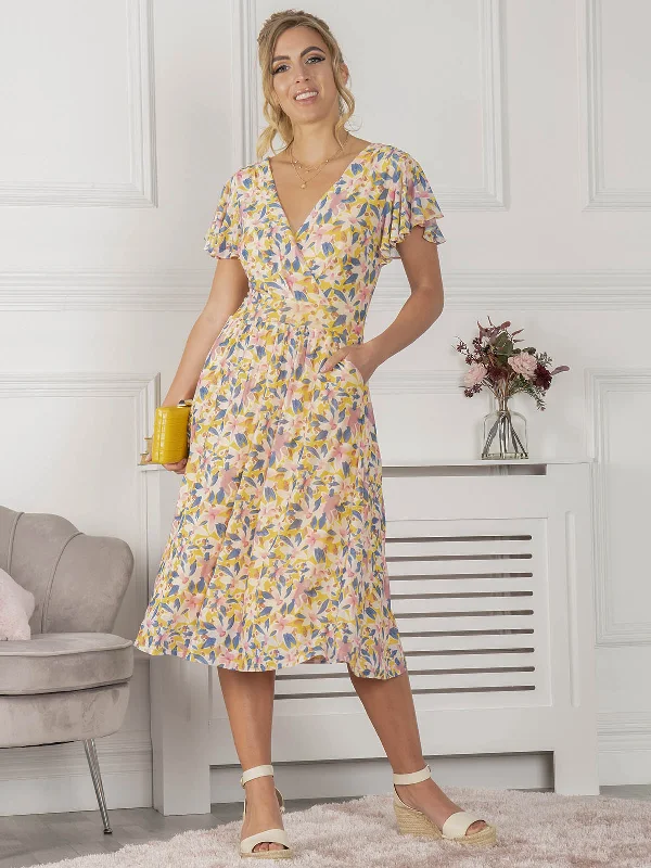 Jolie Moi Kaylynn Wrap Mesh Dress, Yellow Floral Wedding guest floral dresses