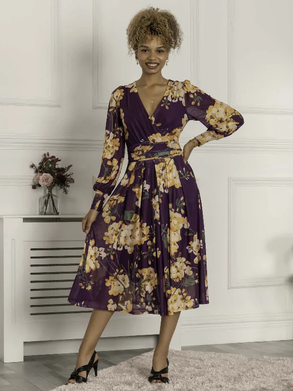 Maaike Long Sleeve Mesh Dress, Purple Floral Best floral dresses for hourglass body shape