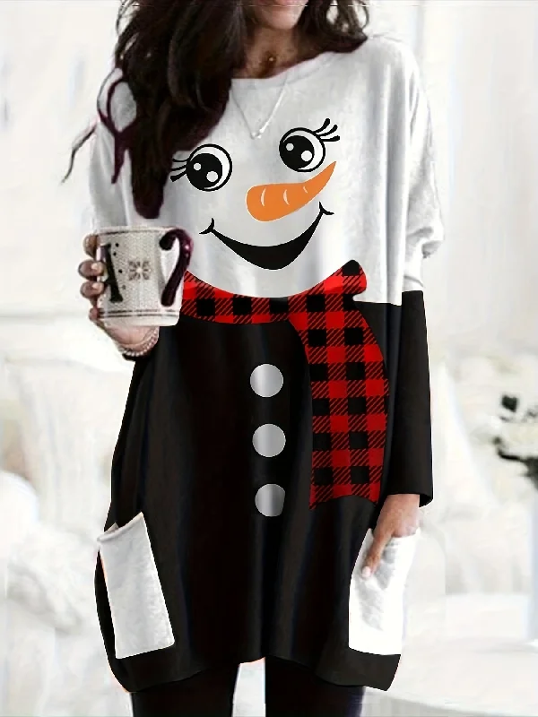 Christmas Cute Dress, Women's Snowman Print Long Sleeve Round Neck Tee Dress With Pockets Budget-friendly floral dresses