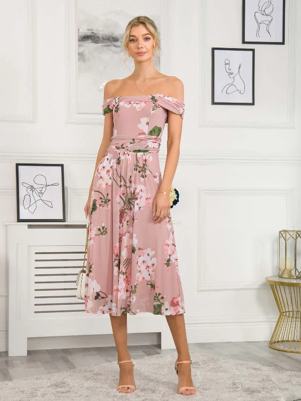 Rawiya Bardot Neck Mesh Dress, Pink Floral Garden party floral dresses