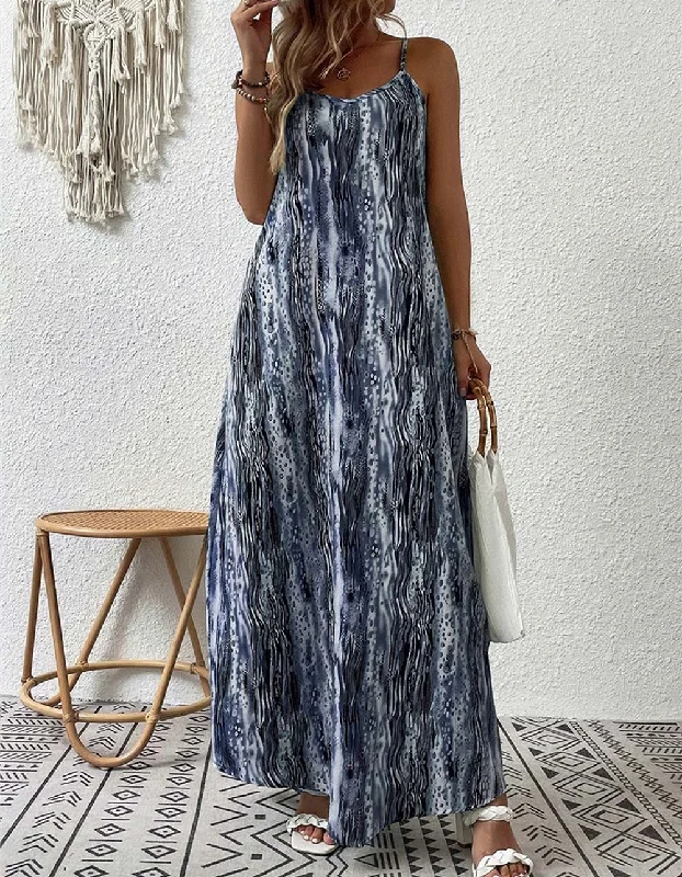 Tie-Dye Printed Strap Backless Midriff Asymmetrical Long Cami Dresses Velvet floral dresses