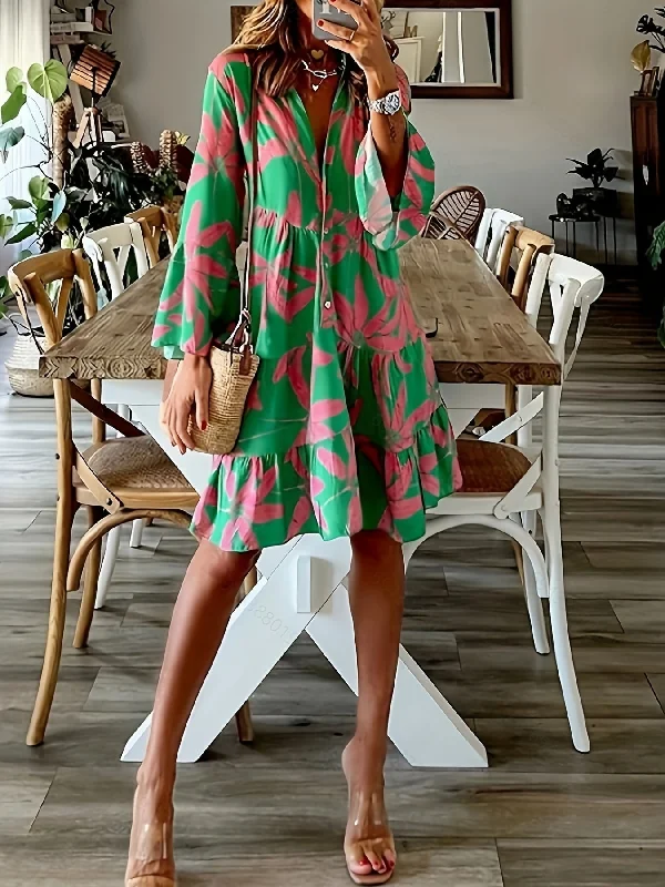 Leaves Print Tiered Long Sleeve Dress Best floral dresses for casual outings