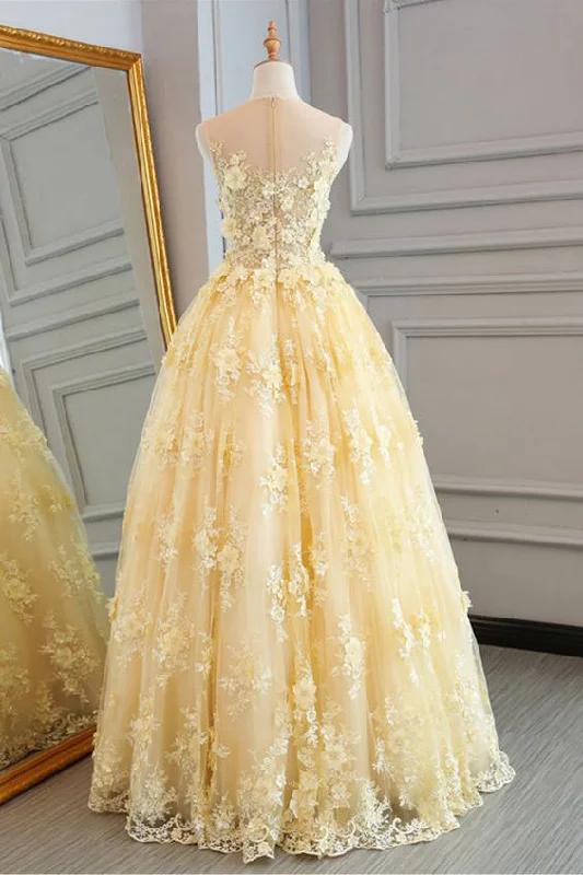 Yellow Sheer Neck Tulle Lace Floral Floor Length Prom Dresses Romantic floral dresses